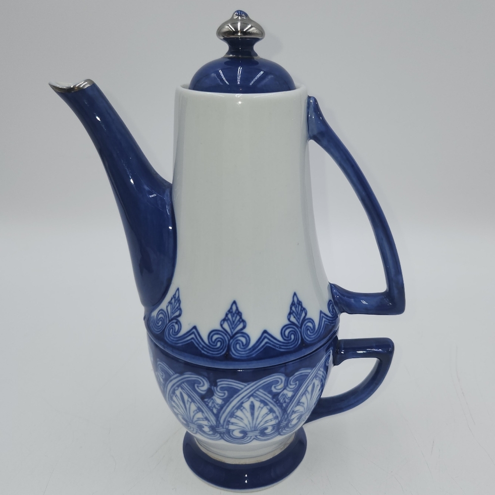 CHINOISERIE Vintage Bombay Company Platinum Blue/White TILE Teapot for One